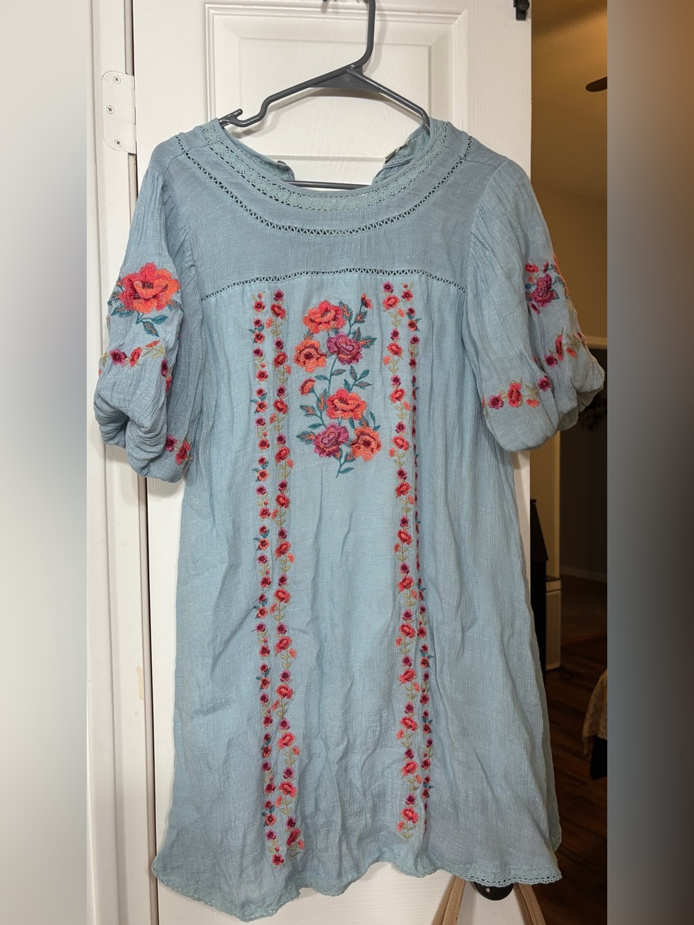 Umgee Light Blue Embroidered Floral Tunic Dress
